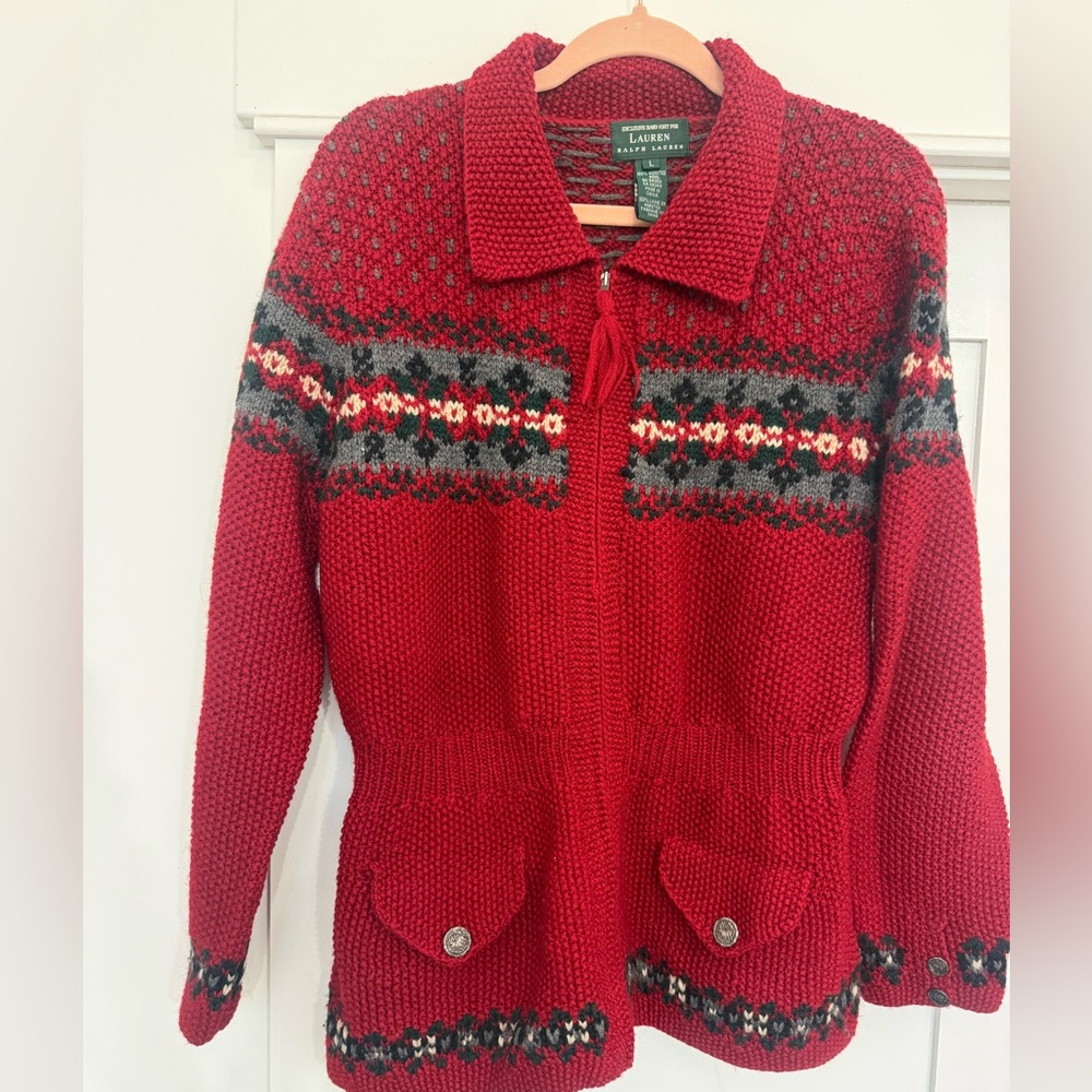 Vintage Ralph Lauren Red Knit Zip-Front Fair Isle Sweater